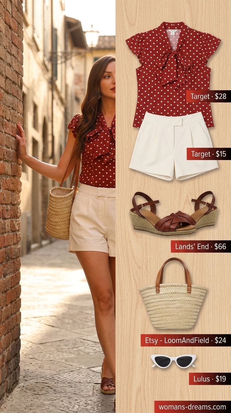 Playful summer polka dots blouse outfits 2026: Red polka dot blouse with white shorts for picnic date.