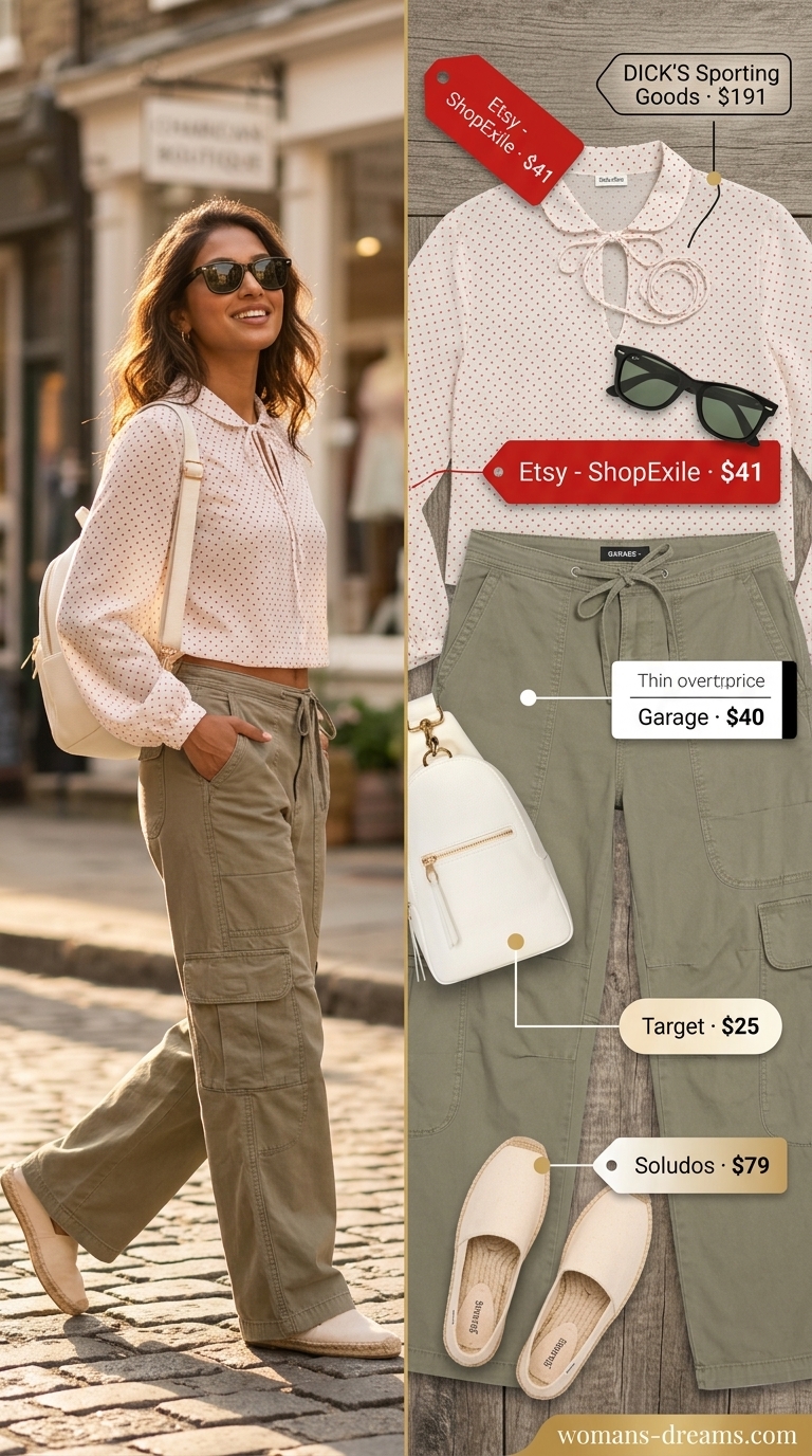 Red polka dot blouse with khaki cargo pants for a retro weekend outfit 2026.