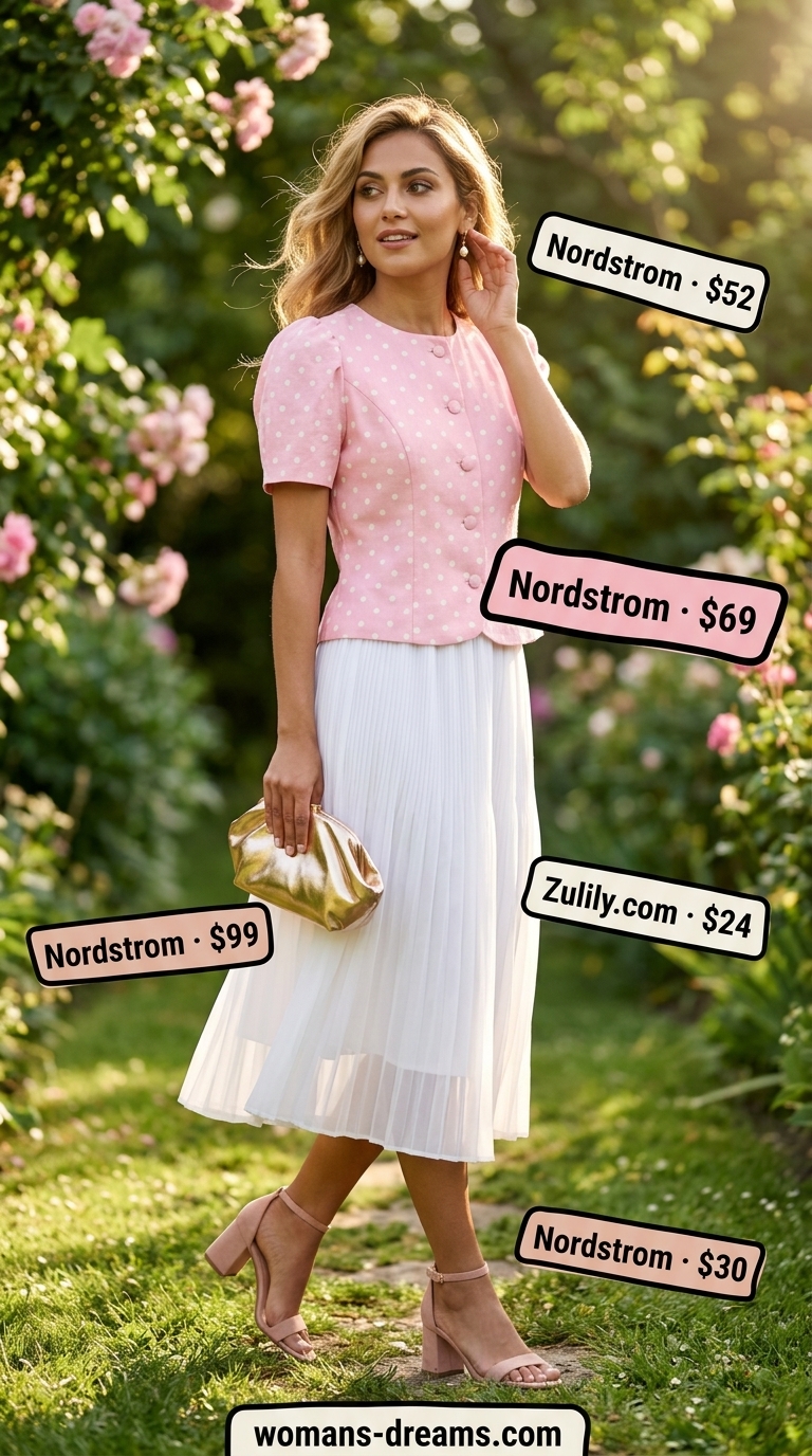Romantic summer polka dots blouse outfits 2026: Pastel pink polka dot blouse with white midi skirt for garden party.