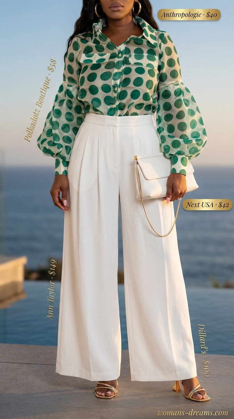 Glamorous summer polka dots blouse outfits 2026: Emerald green polka dot blouse with white palazzo pants for resort.