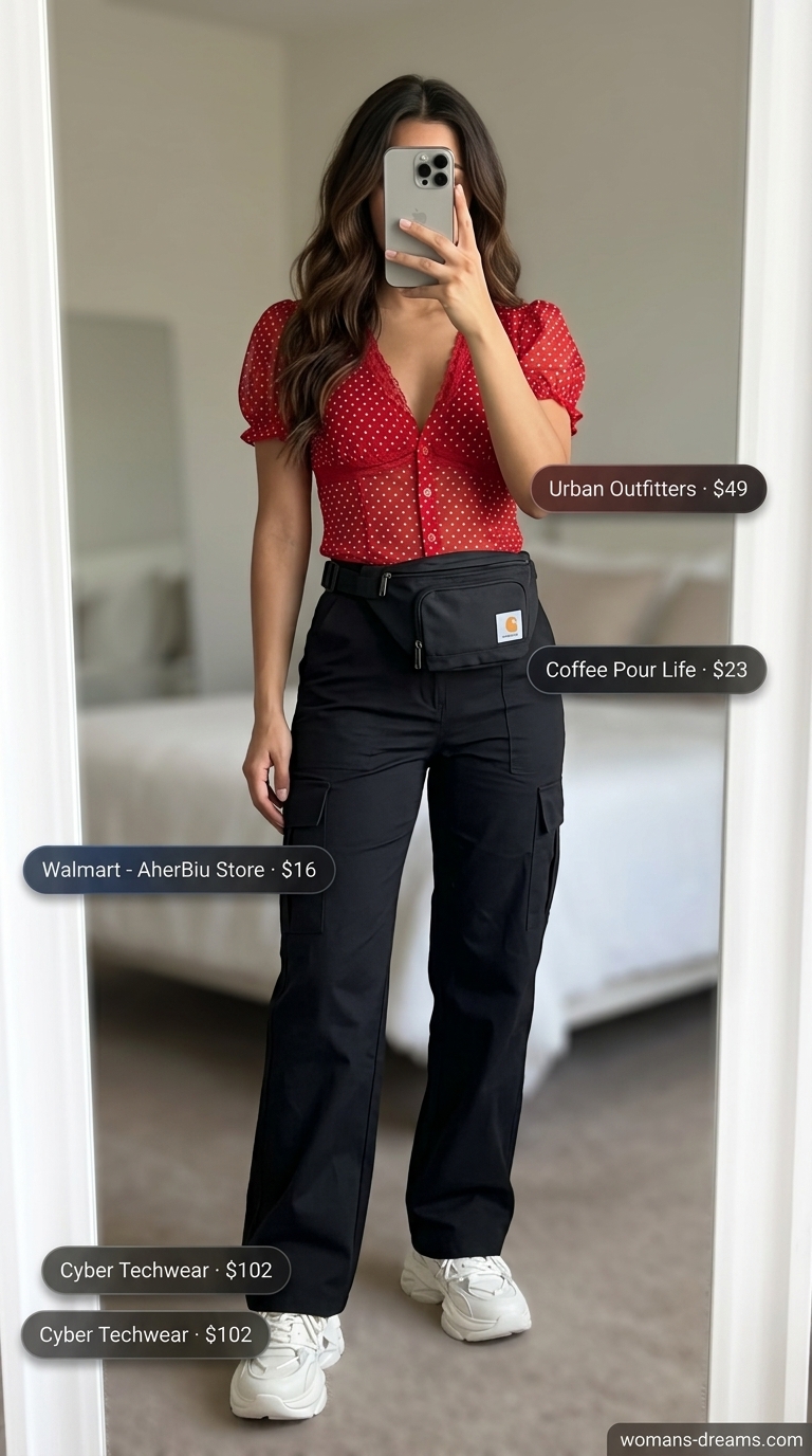 Trendy summer polka dots blouse outfits 2026: Red polka dot blouse with black cargo pants for urban exploration.