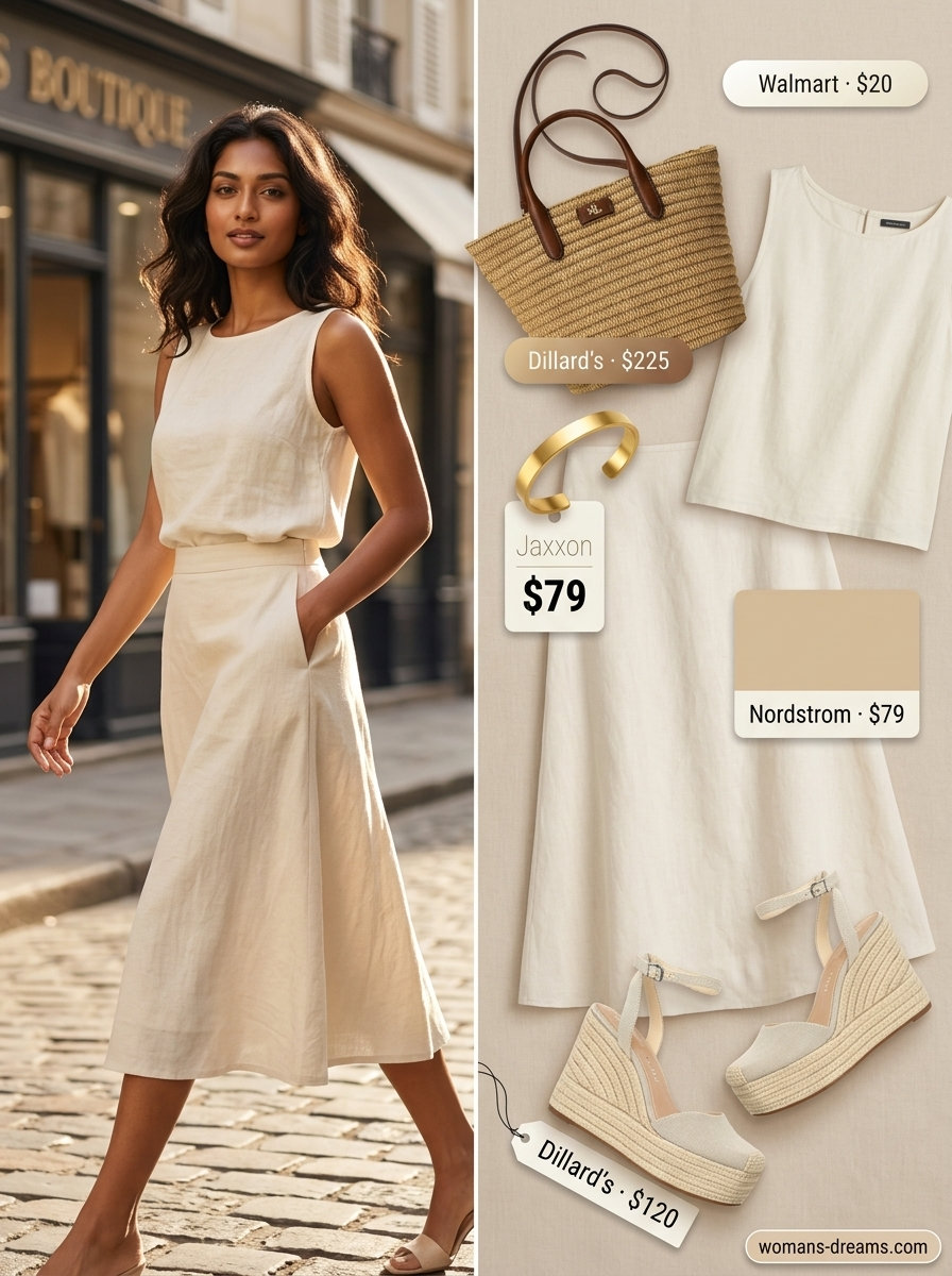 Sophisticated summer scoop neck outfits for women 2026: Beige linen skirt, cream top, espadrilles for brunch.