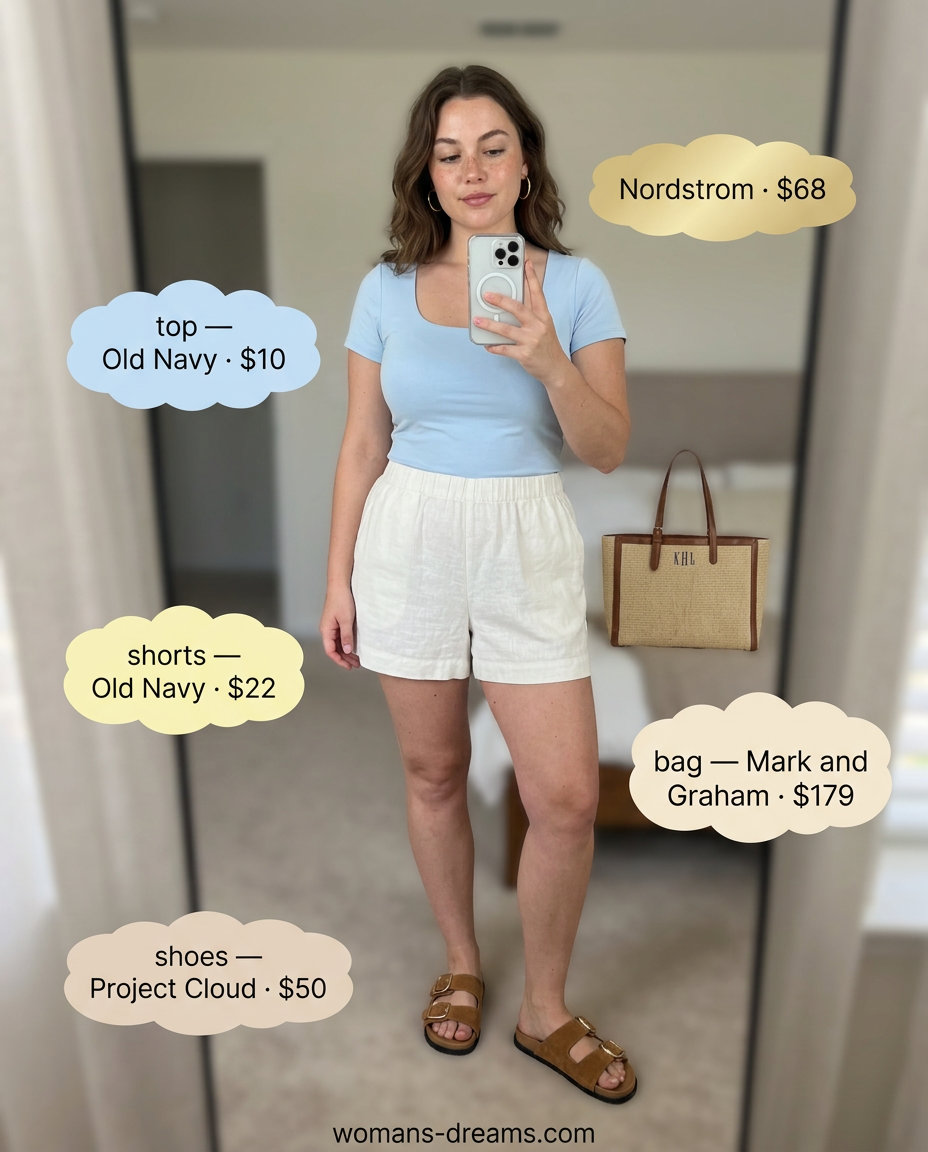 Sky blue knit scoop neck top with white linen shorts for summer Scoop Neck outfits for women 2026. Coastal style.