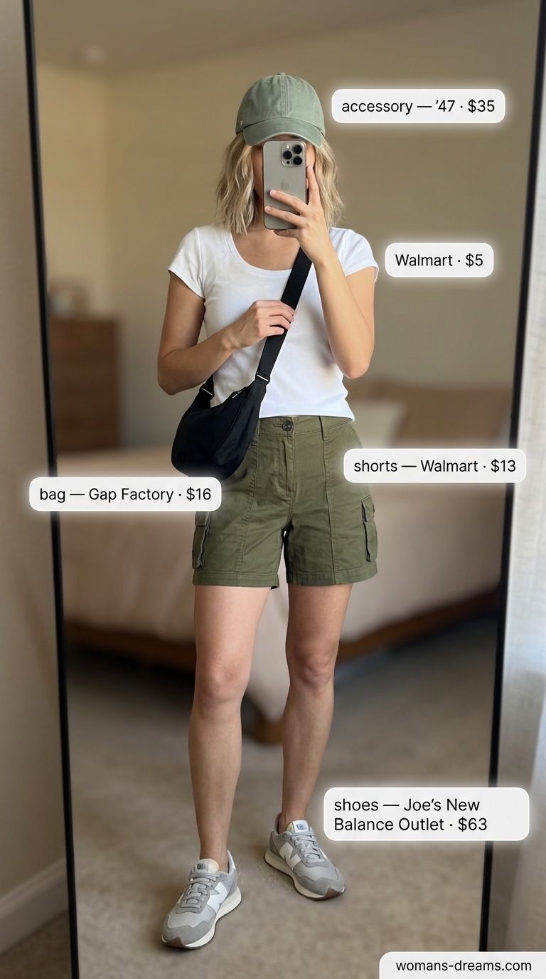 Summer scoop neck outfits for women 2026: Olive cargo shorts, white tee, sneakers for outdoor exploration.