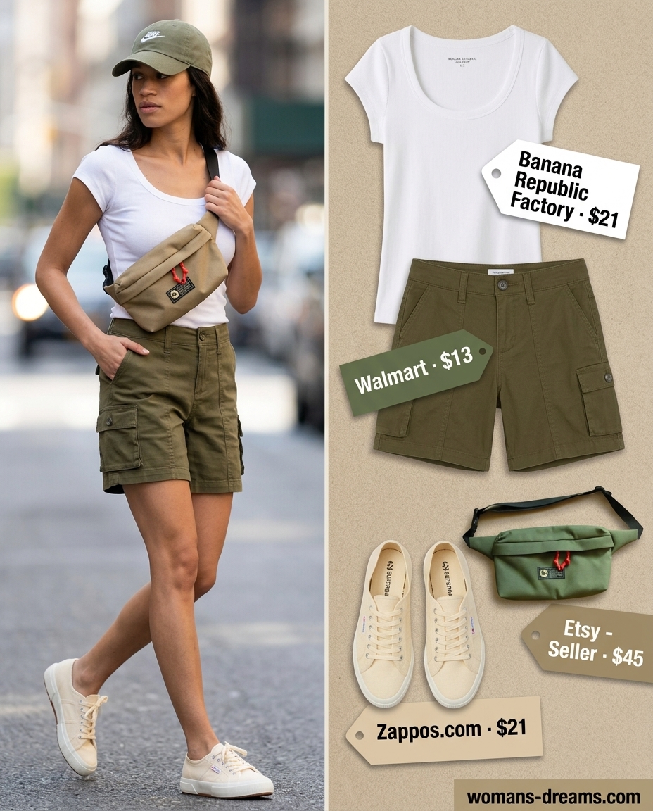 Olive green cargo shorts & white scoop neck tee for summer Scoop Neck outfits for women 2026.