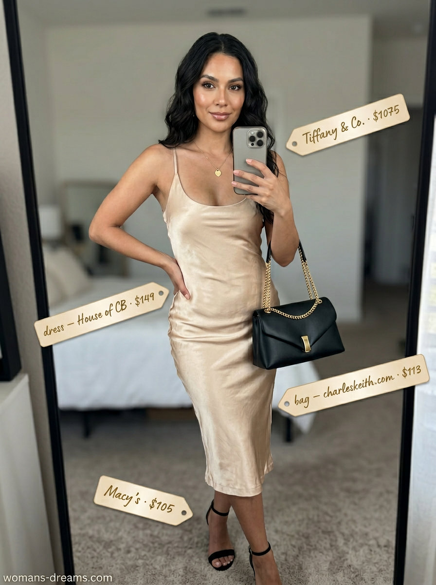 Champagne satin scoop neck midi dress, black bag & gold jewelry for summer Scoop Neck outfits for women 2026.