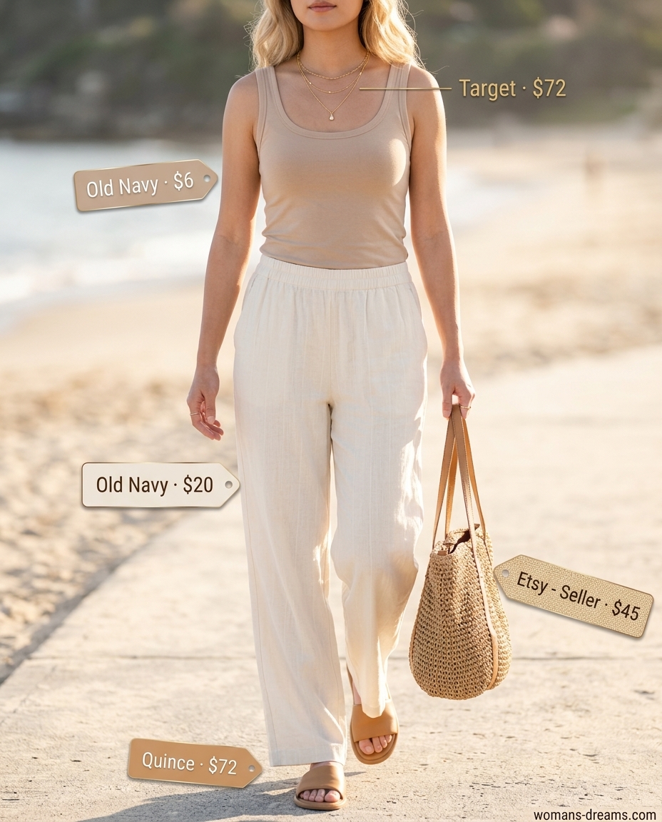 Cream fitted scoop neck tank with beige linen pants for summer Scoop Neck outfits for women 2026. Casual day out.