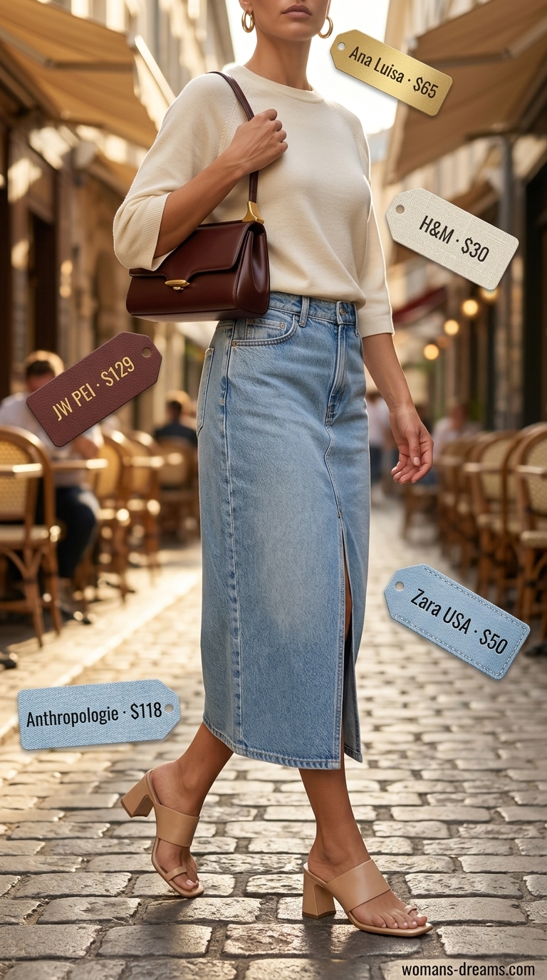 Chic summer scoop neck outfits for women 2026: Denim midi skirt, cream sweater, tan mules for smart casual.