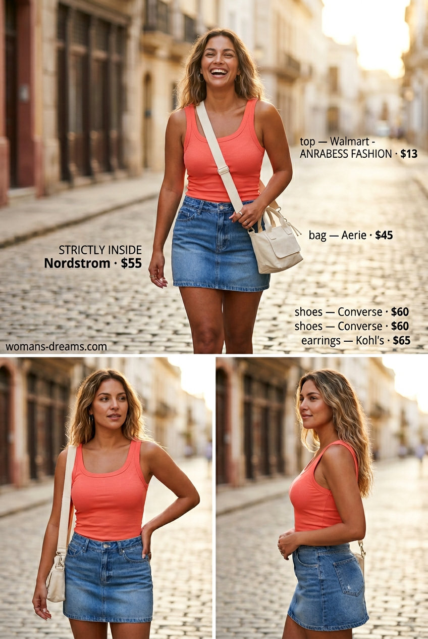 Casual summer scoop neck outfits for women 2026: Coral tank, denim mini skirt, white sneakers for a picnic.