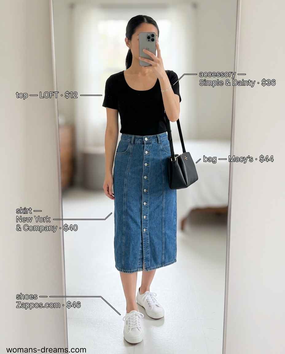 Medium wash denim scoop neck tee & midi skirt for summer Scoop Neck outfits for women 2026.