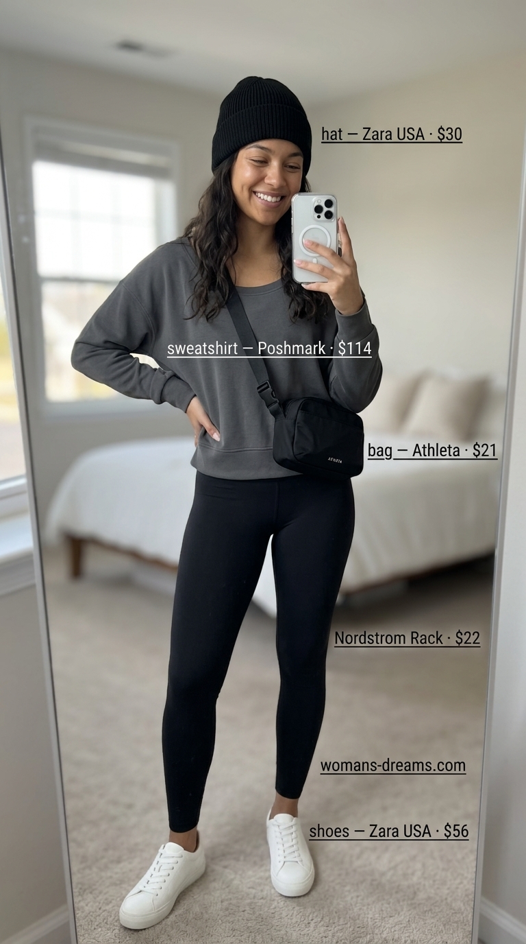 Comfortable summer scoop neck outfits for women 2026: Grey sweatshirt, black leggings, white sneakers for travel.