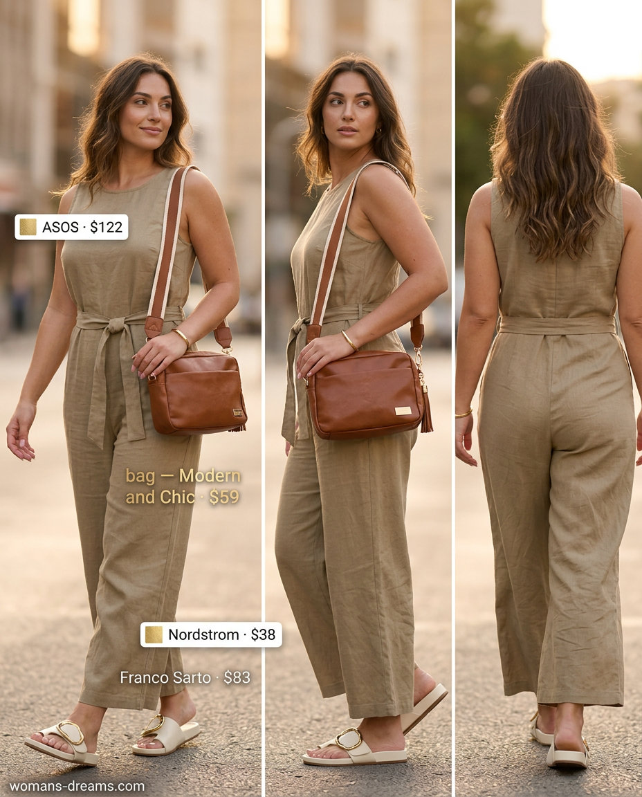 Khaki beige linen blend wide-leg jumpsuit with scoop neckline for summer Scoop Neck outfits for women 2026. Chic travel.