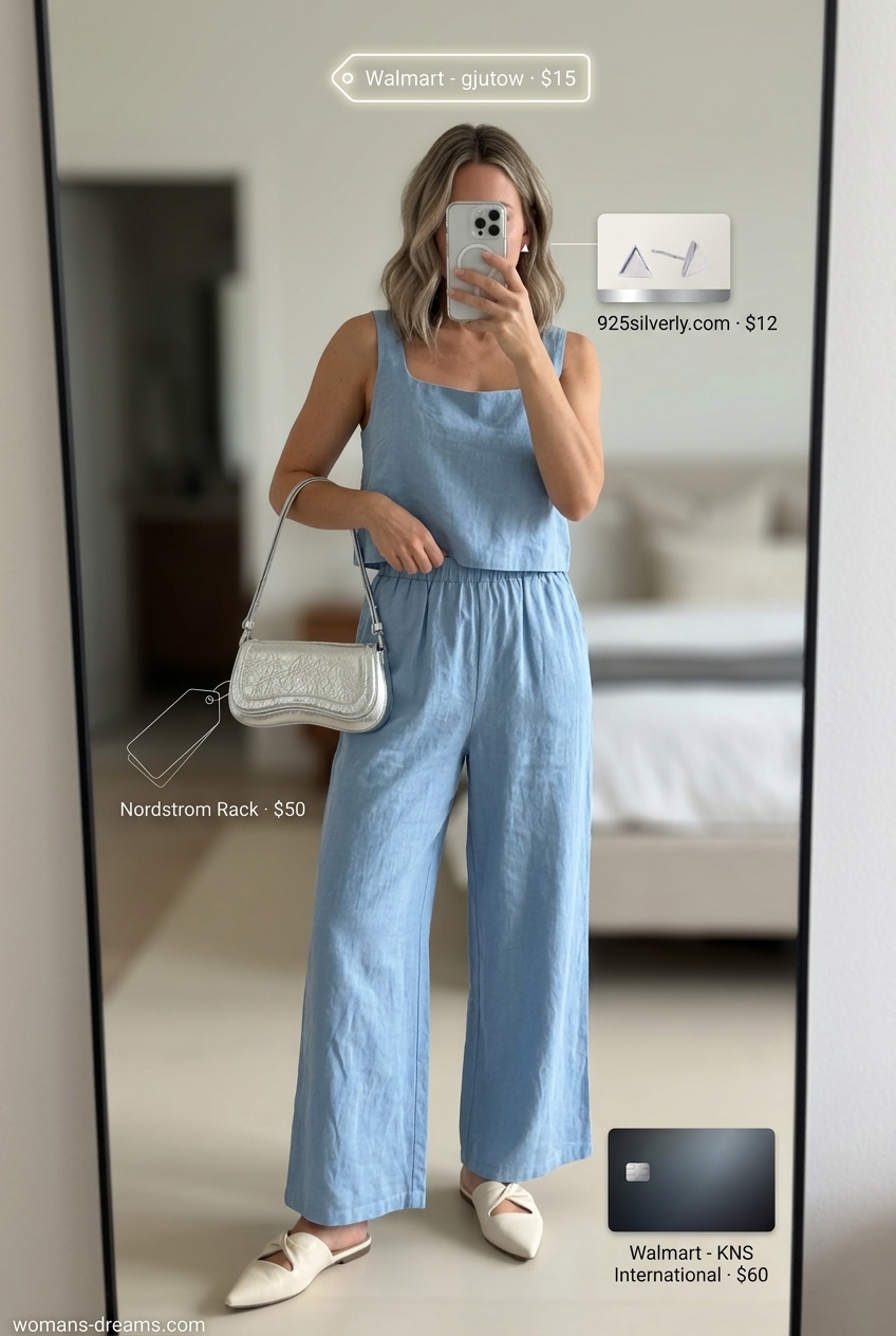 Light blue linen scoop neck crop top & wide-leg pants set for summer Scoop Neck outfits for women 2026.