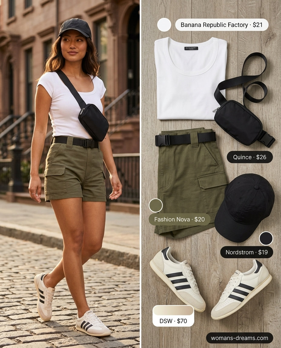 Olive green cargo shorts with white scoop neck tee for summer Scoop Neck outfits for women 2026. Casual weekend look.