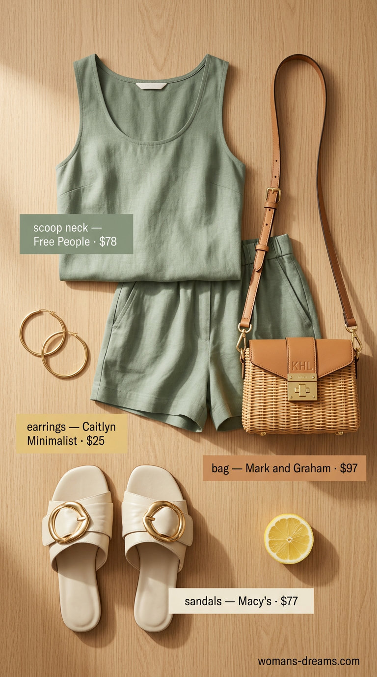 Sage green linen shorts and scoop neck tank top set for summer Scoop Neck outfits for women 2026. Casual, vacation.