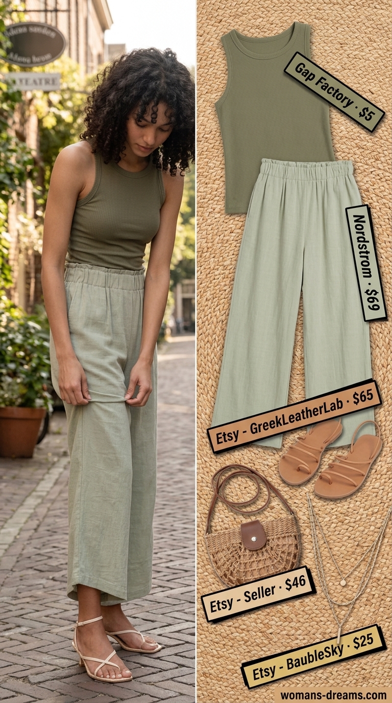 Sage green linen wide-leg pants & scoop neck tank top for summer Scoop Neck outfits for women 2026.