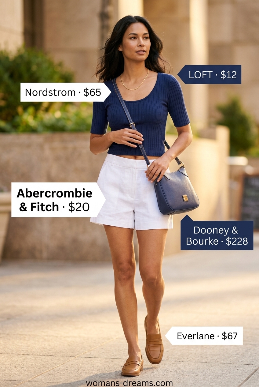 Smart casual summer scoop neck outfits for women 2026: White shorts, navy top, loafers for city outing.