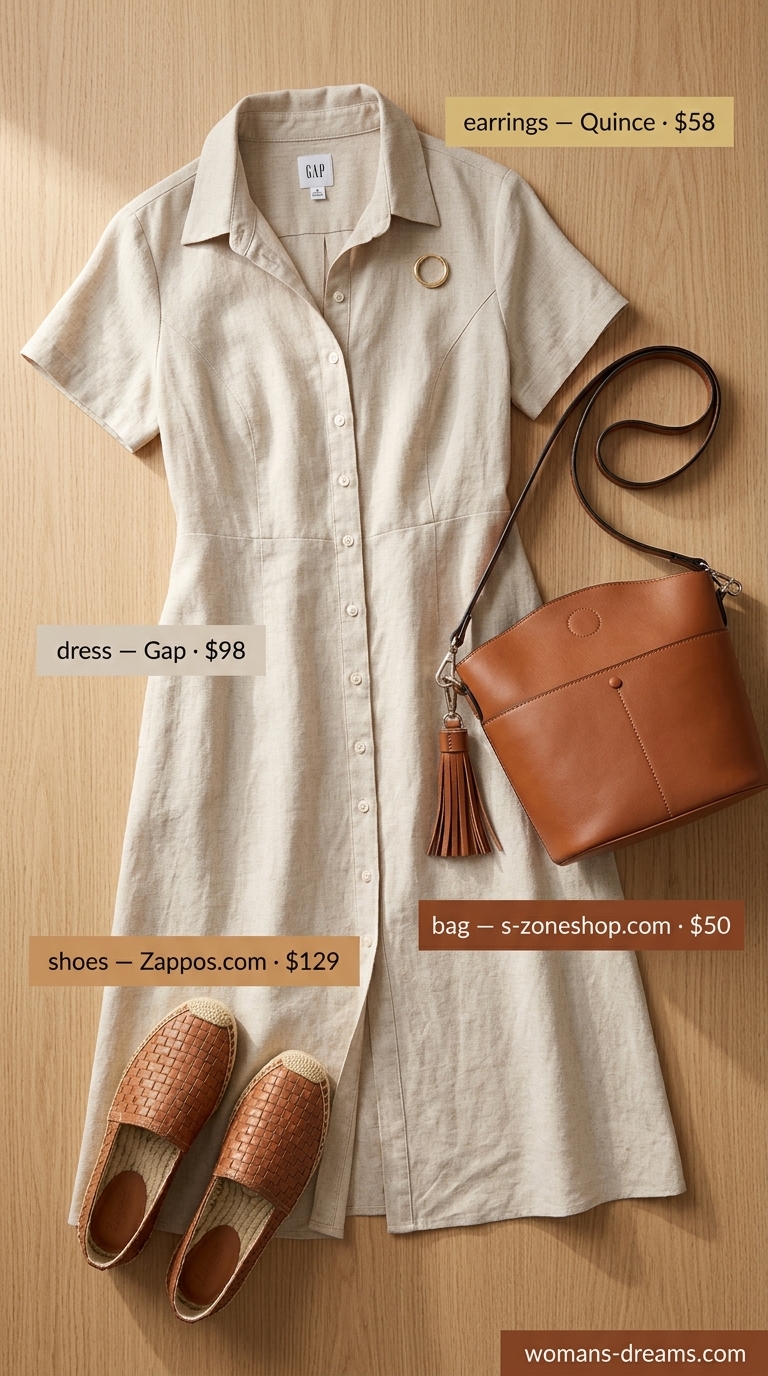 Beige linen shirt dress for women 2026, styled for a casual day off with espadrilles and crossbody bag.