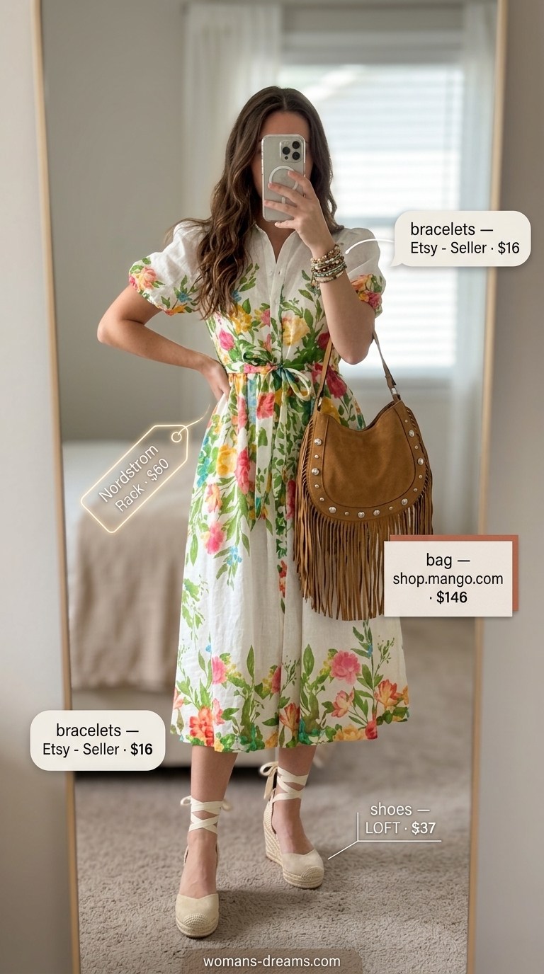Boho summer shirt dress for women 2026: Cream floral dress with suede bag and espadrilles.