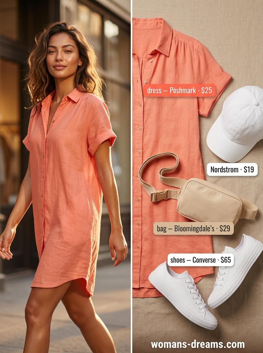 Coral linen shirt dress for women 2026, styled with white cap, sneakers, and belt bag for a weekend getaway.