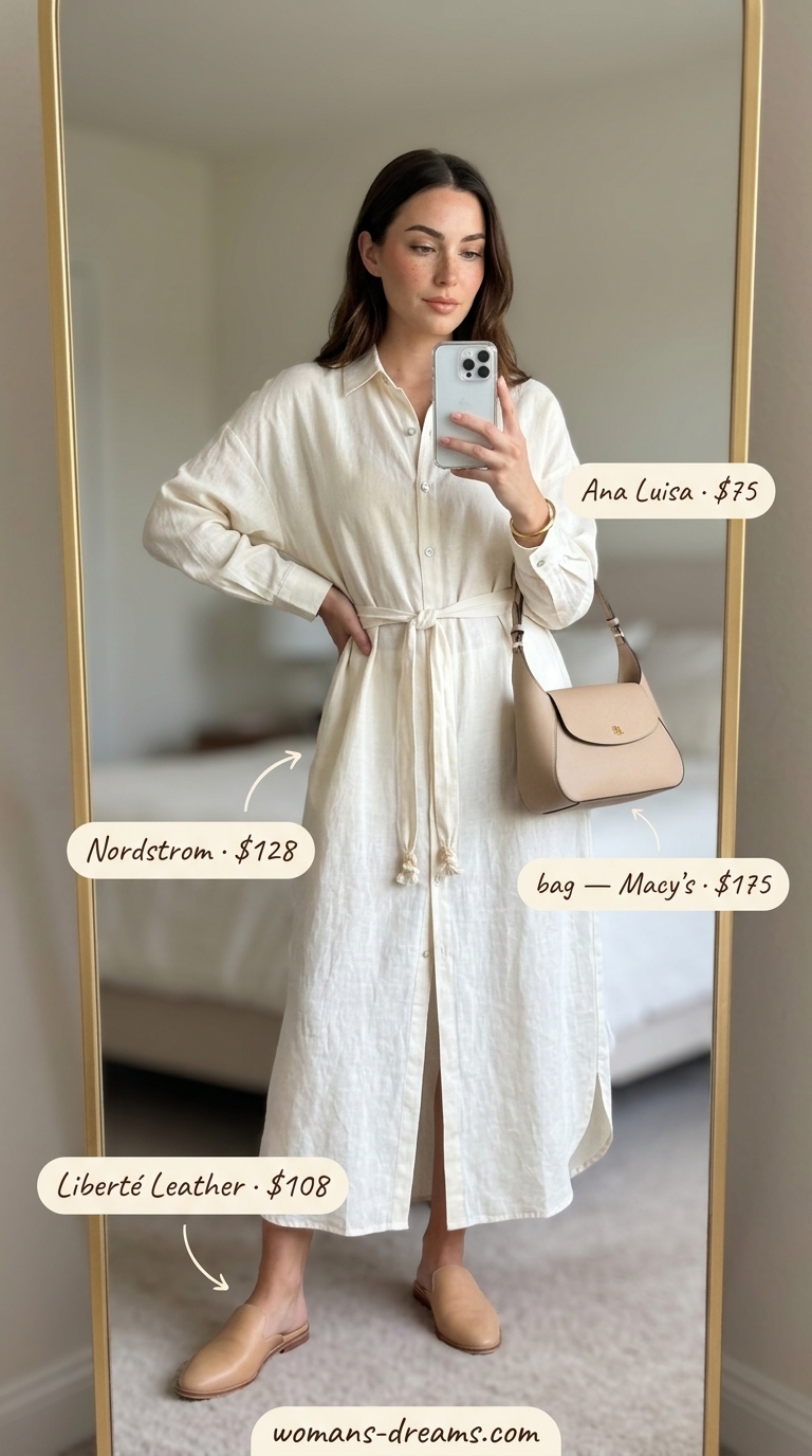 Cream linen shirt dress for women 2026, styled monochromatically with beige mules and tan shoulder bag.