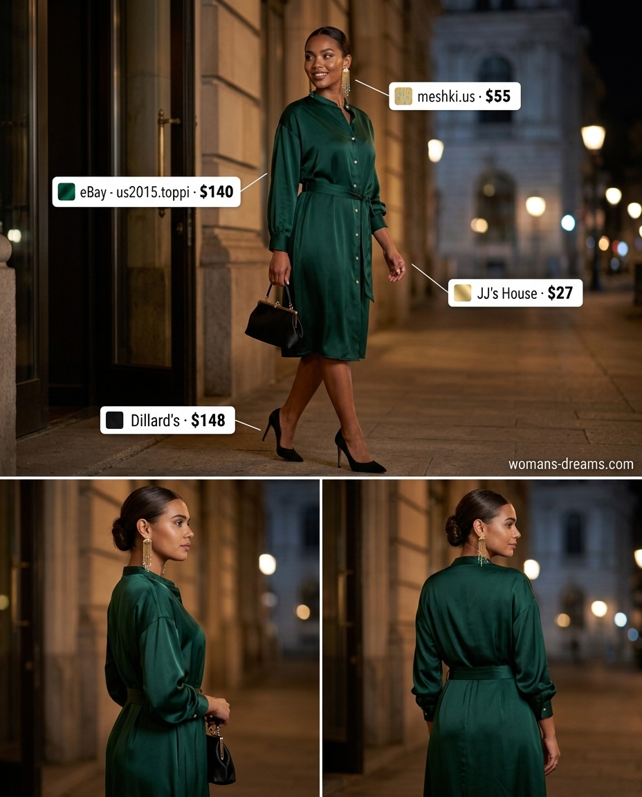 Emerald green silk shirt dress for women 2026, styled for evening with black pumps, clutch, and gold earrings.