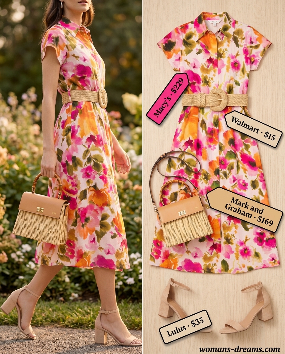 Garden party summer shirt dress for women 2026: Floral print dress with suede sandals and straw bag.