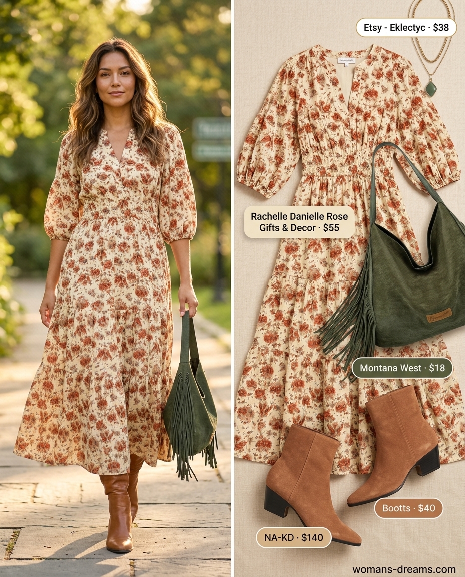 Boho floral maxi shirt dress for women 2026, styled with suede boots, fringe bag, and layered necklaces.