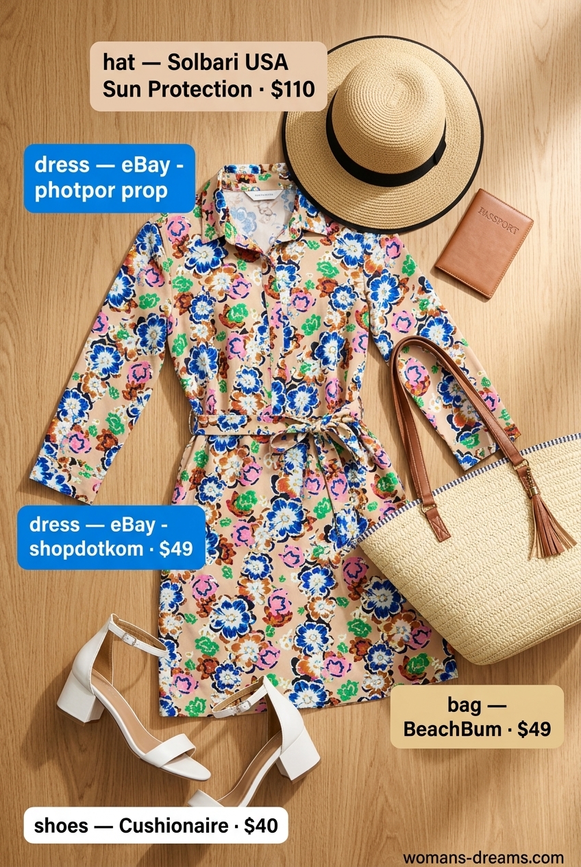 Floral print shirt dress for women 2026, perfect for vacation with straw hat, tote, and block heel sandals.