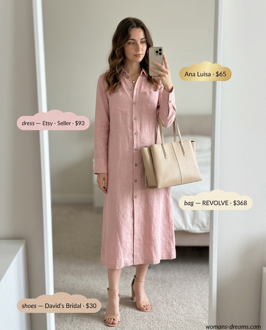 Elevated linen summer shirt dress for women 2026: Blush pink dress with nude sandals and gold necklace.