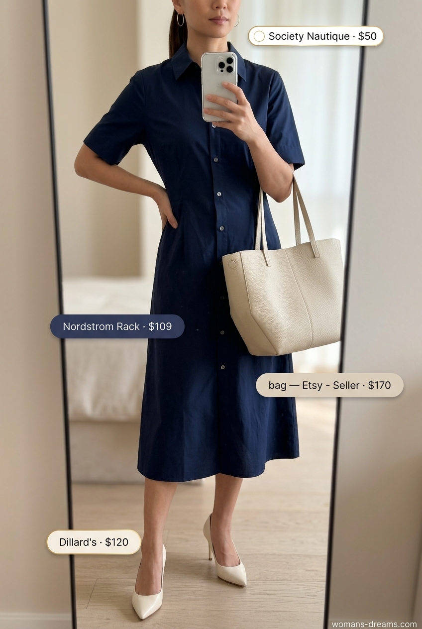 Professional summer shirt dress for women 2026: Navy dress with cream tote and pointed-toe pumps.