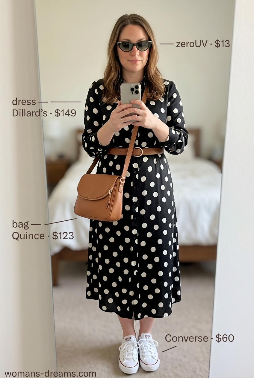 Black and white polka dot shirt dress for women 2026, paired with cat-eye sunglasses, crossbody bag, and sneakers.