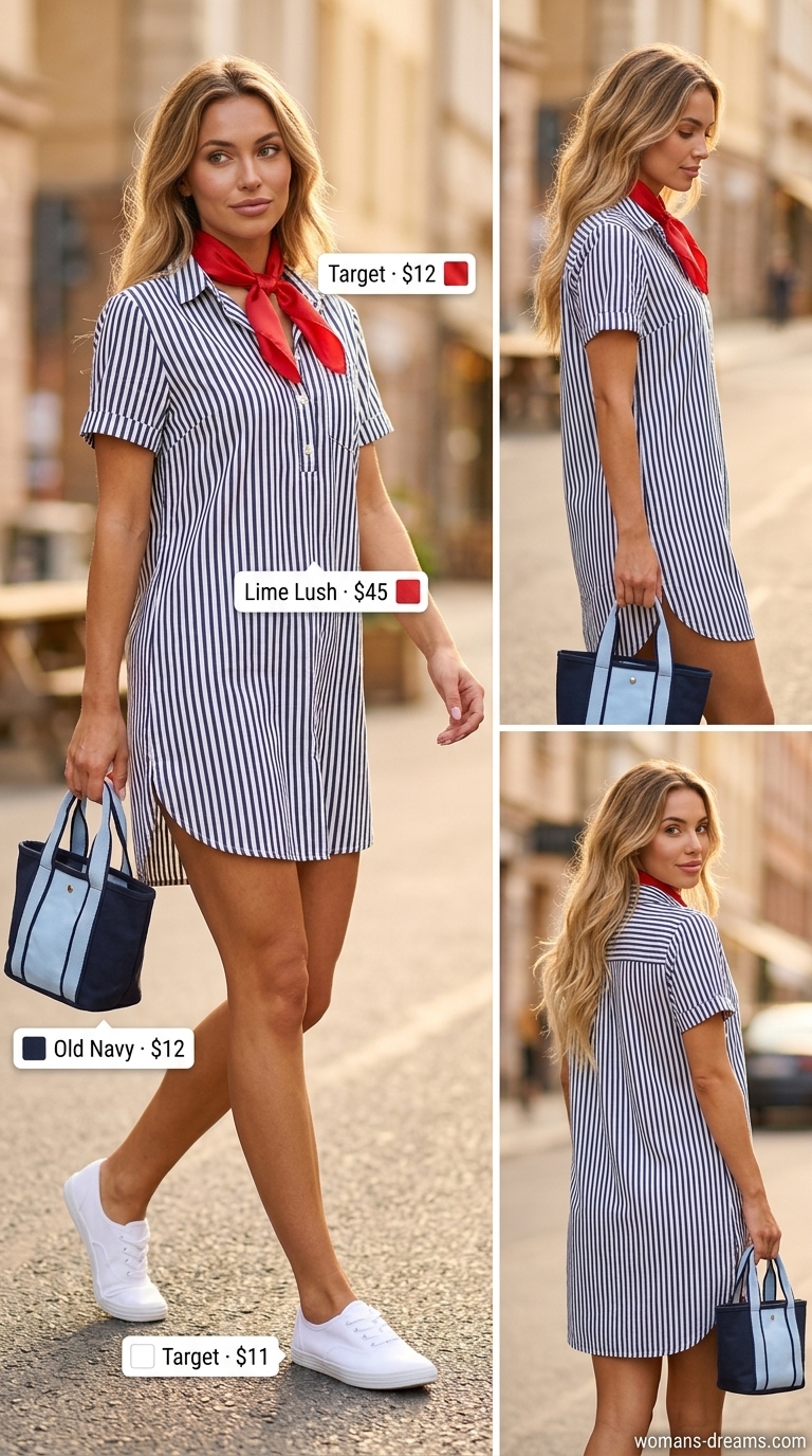 Preppy summer shirt dress for women 2026: Navy and white stripe dress with canvas tote and white sneakers.