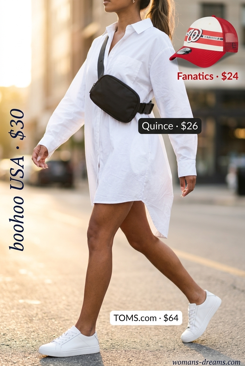 Sporty summer shirt dress for women 2026: White dress with sneakers, black belt bag, and red striped cap.
