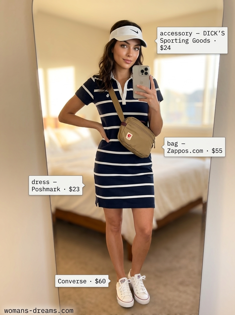 Sporty summer shirt dress for women 2026: Navy stripe dress with white sneakers, visor, and tan crossbody.