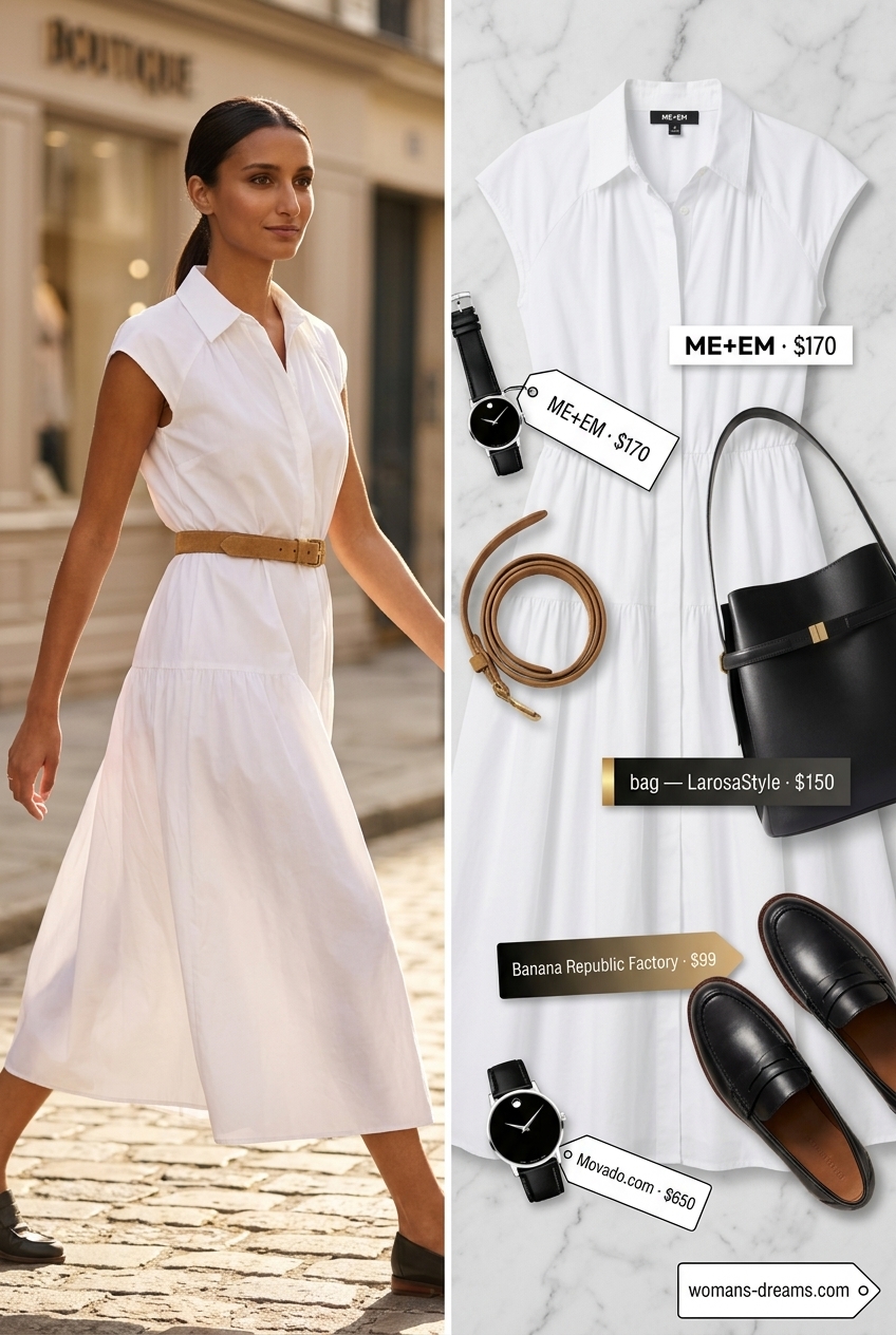 Sophisticated summer shirt dress for women 2026: White cotton poplin dress with black loafers and tan tote.