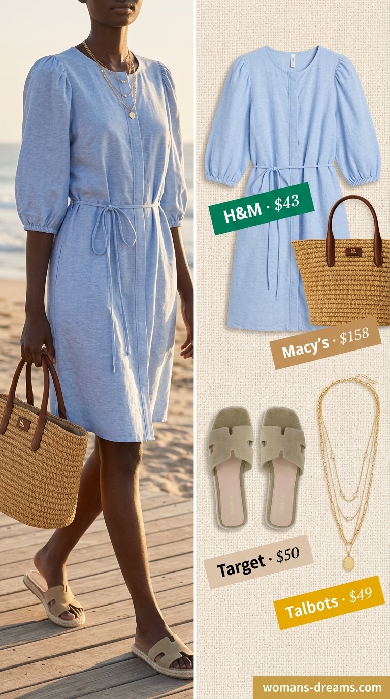 Sky blue linen blend shirt dress with espadrille slides and a woven straw tote for a seaside look.