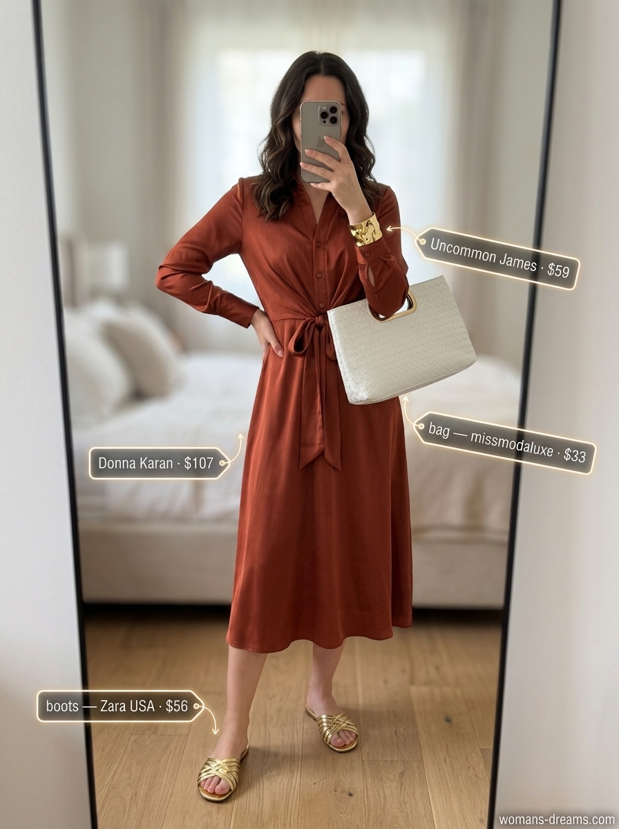 Coral satin shirt dress with gold flecks, gold cuff, and metallic sandals for a summer party or date night.