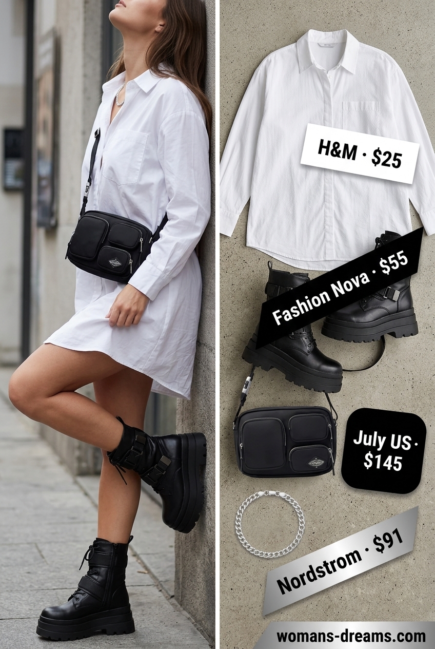 White oversized cotton poplin shirt dress with combat boots, crossbody bag, and silver necklace.
