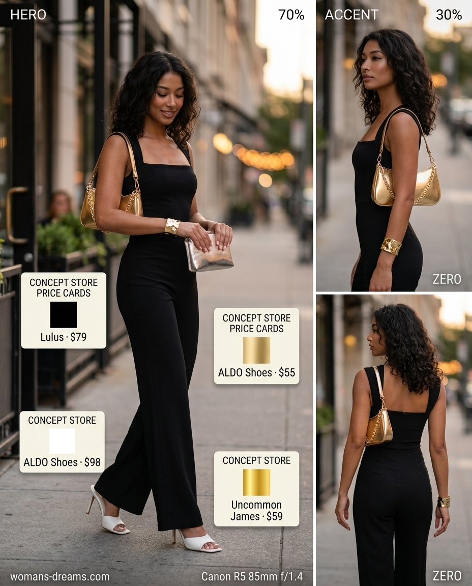 Black square neck wide-leg jumpsuit with gold accessories and white mules. Summer Square Neck outfits for women 2026.