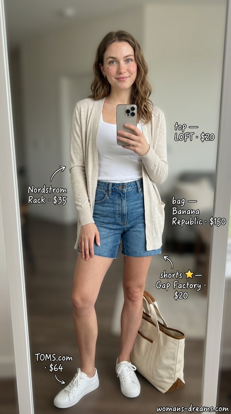 Casual summer Square Neck outfits for women 2026: White tee, denim shorts, beige cardigan, and sneakers for brunch.