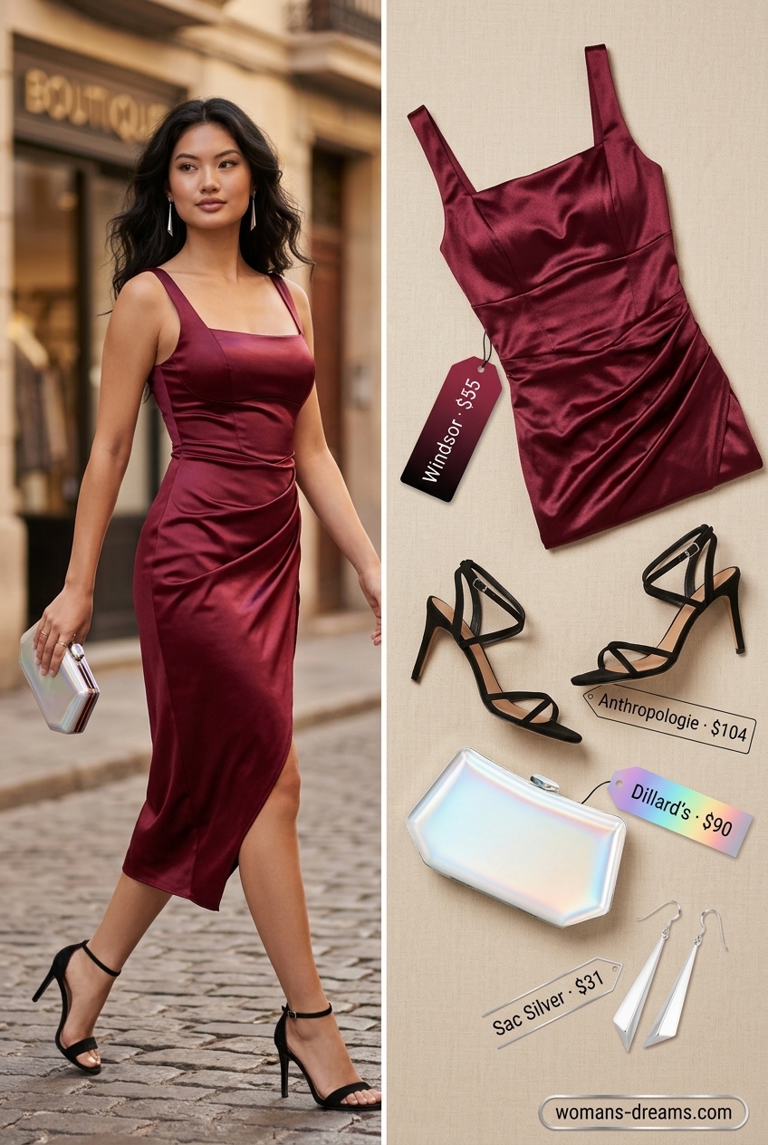 Burgundy square neck slip dress with silver clutch and black heels. Summer Square Neck outfits for women 2026.