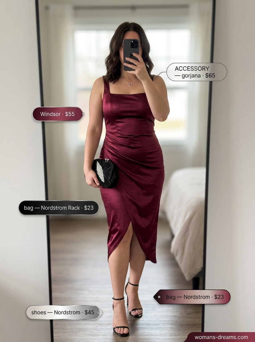 Burgundy satin square neck slip dress with black clutch and heels. Summer Square Neck outfits for women 2026.