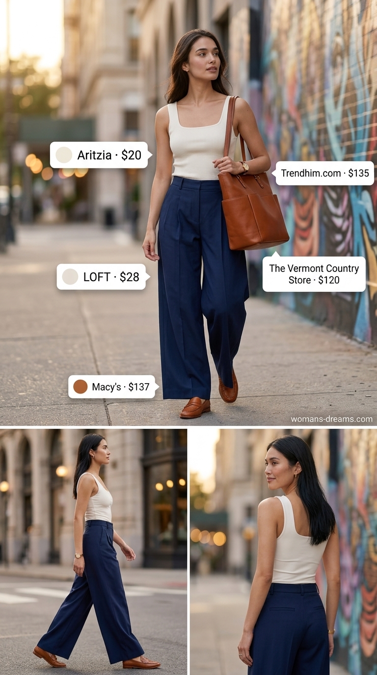 Chic summer Square Neck outfits for women 2026: Navy wide-leg pants, white sleeveless top, loafers, and tote.
