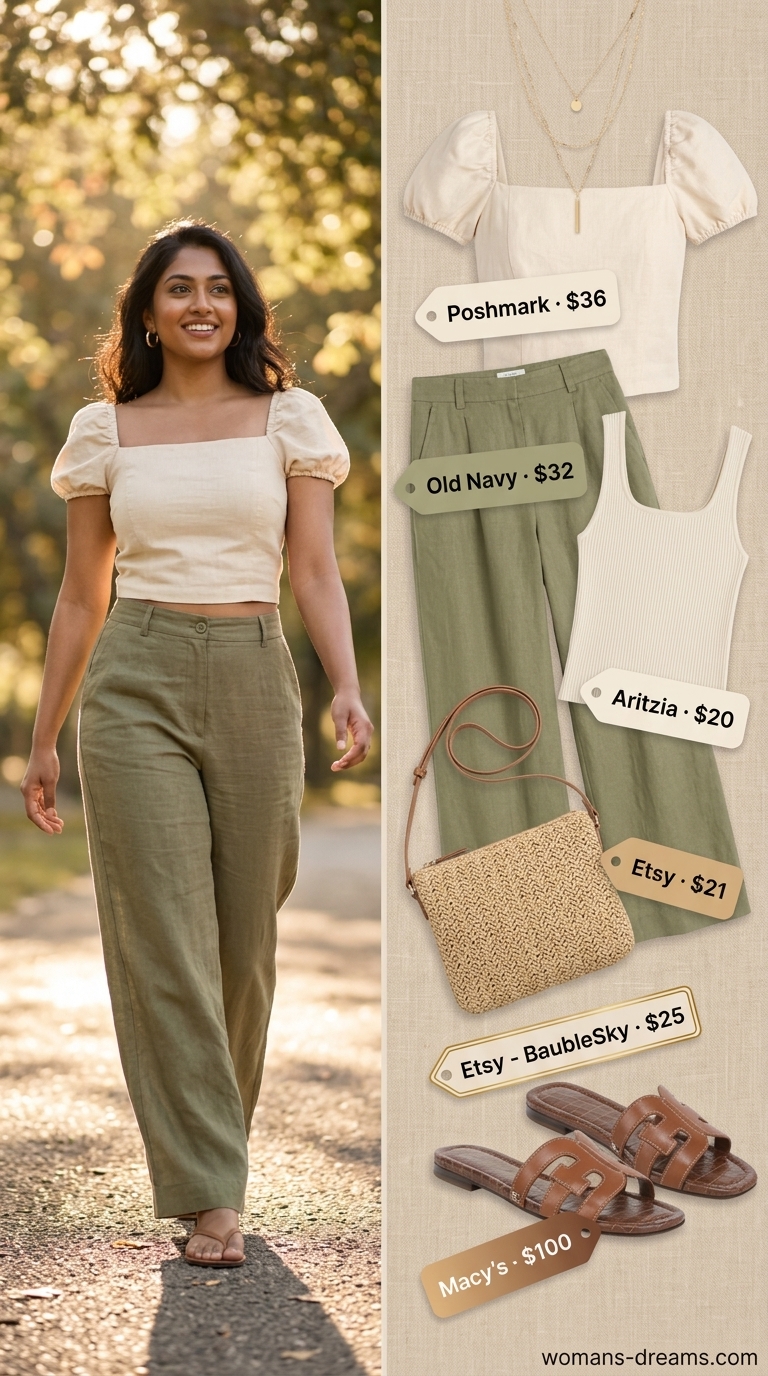 Effortless summer Square Neck outfits for women 2026: Cream linen set, wide-leg pants, slides, and straw bag.