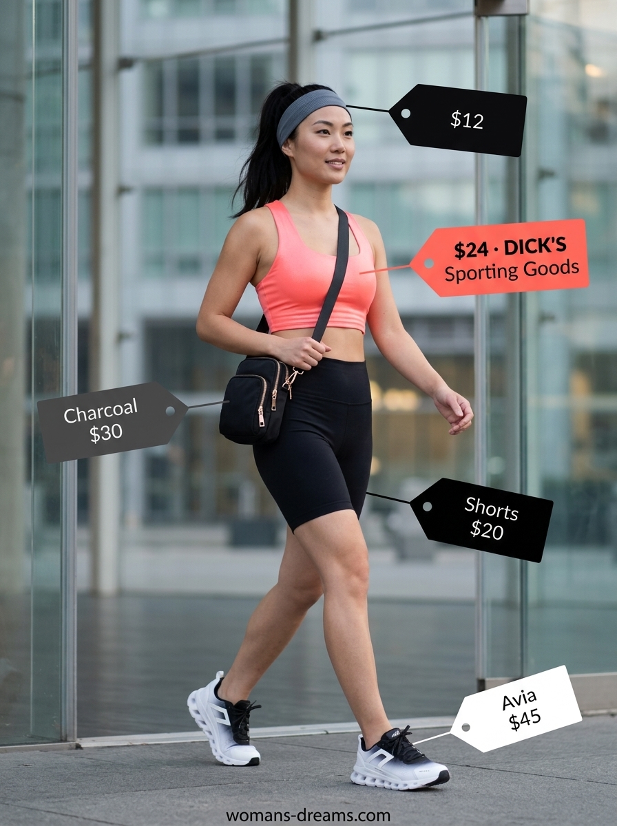 Coral square neck sports bra and black biker shorts for workout. Summer Square Neck outfits for women 2026.