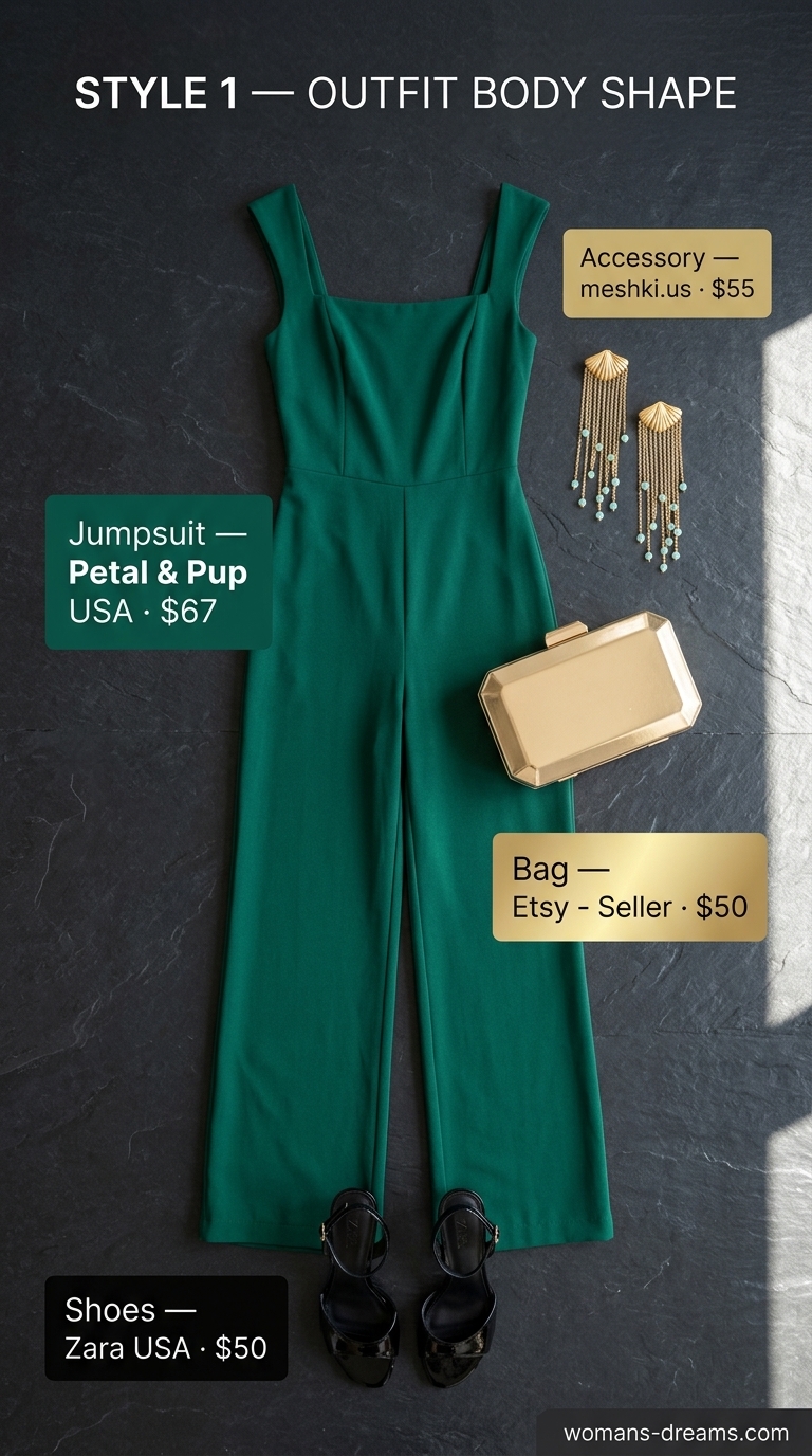 Elegant summer square neck outfits for women 2026: Emerald green wide-leg jumpsuit for evening events.