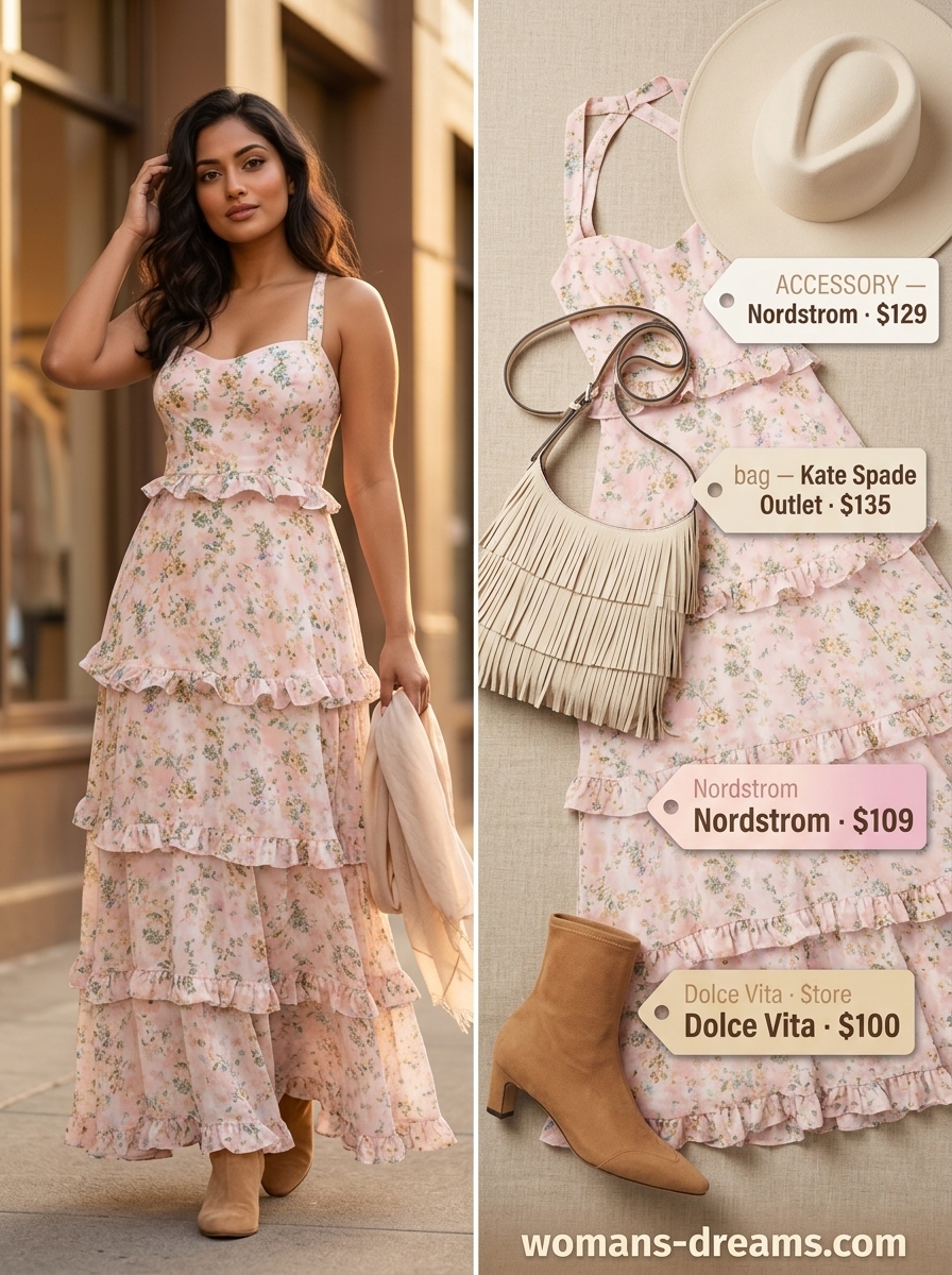 Bohemian summer square neck outfits for women 2026: Floral maxi dress, suede boots, hat for festivals.