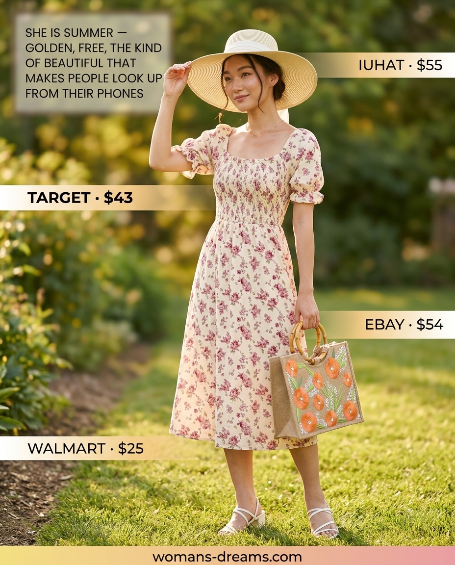 Floral square neck midi dress with white sandals and straw hat. Summer Square Neck outfits for women 2026.