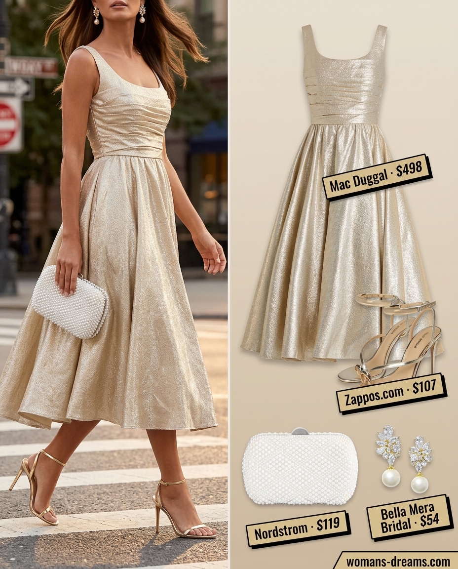 Glamorous summer Square Neck outfits for women 2026: Gold slip dress, strappy heels, and statement earrings.